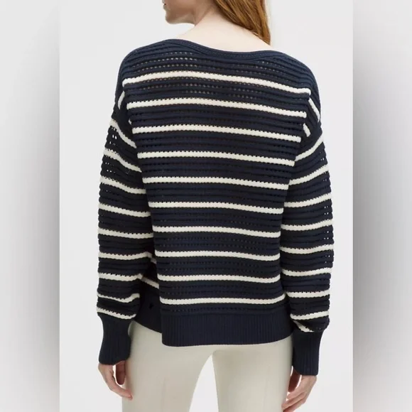 Lululemon cotton blend pointelle sweater. Like new. Navy and cream stripe. - Picture 3 of 6